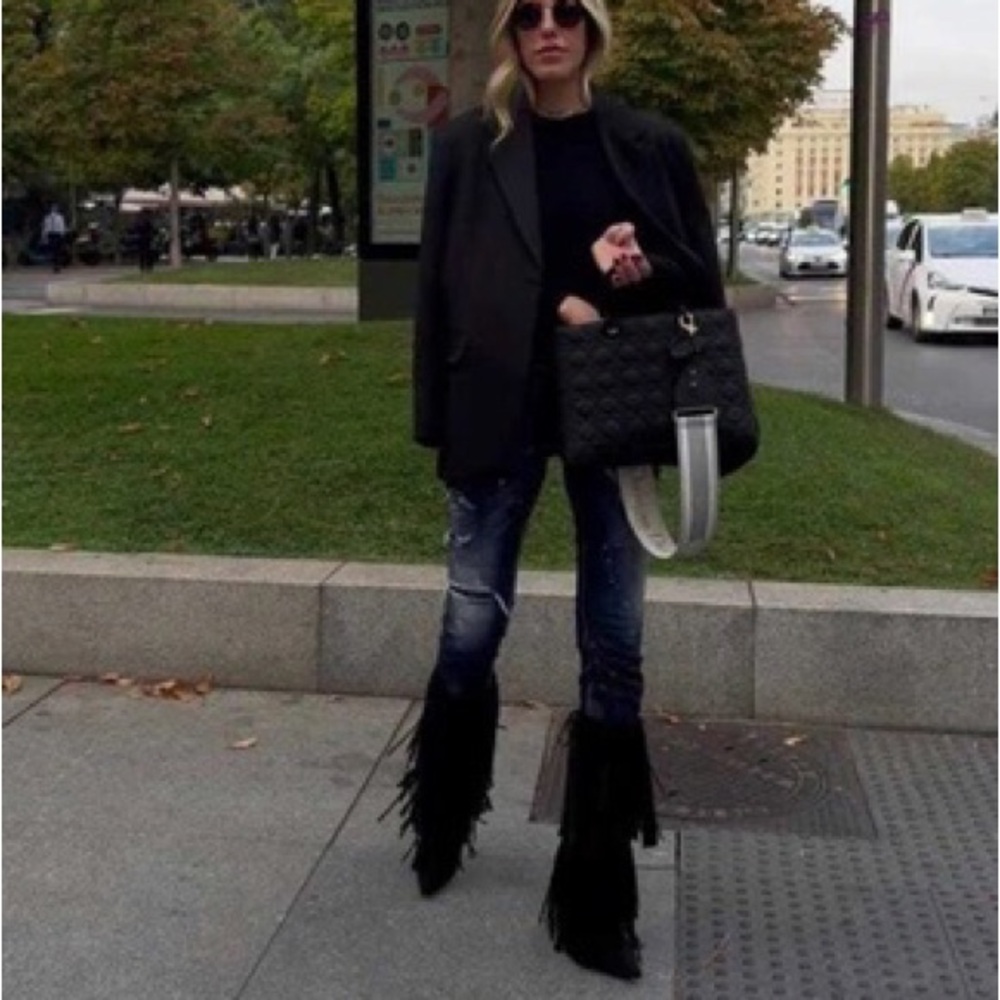 Zara Fringed Leather Heeled Knee High Boots